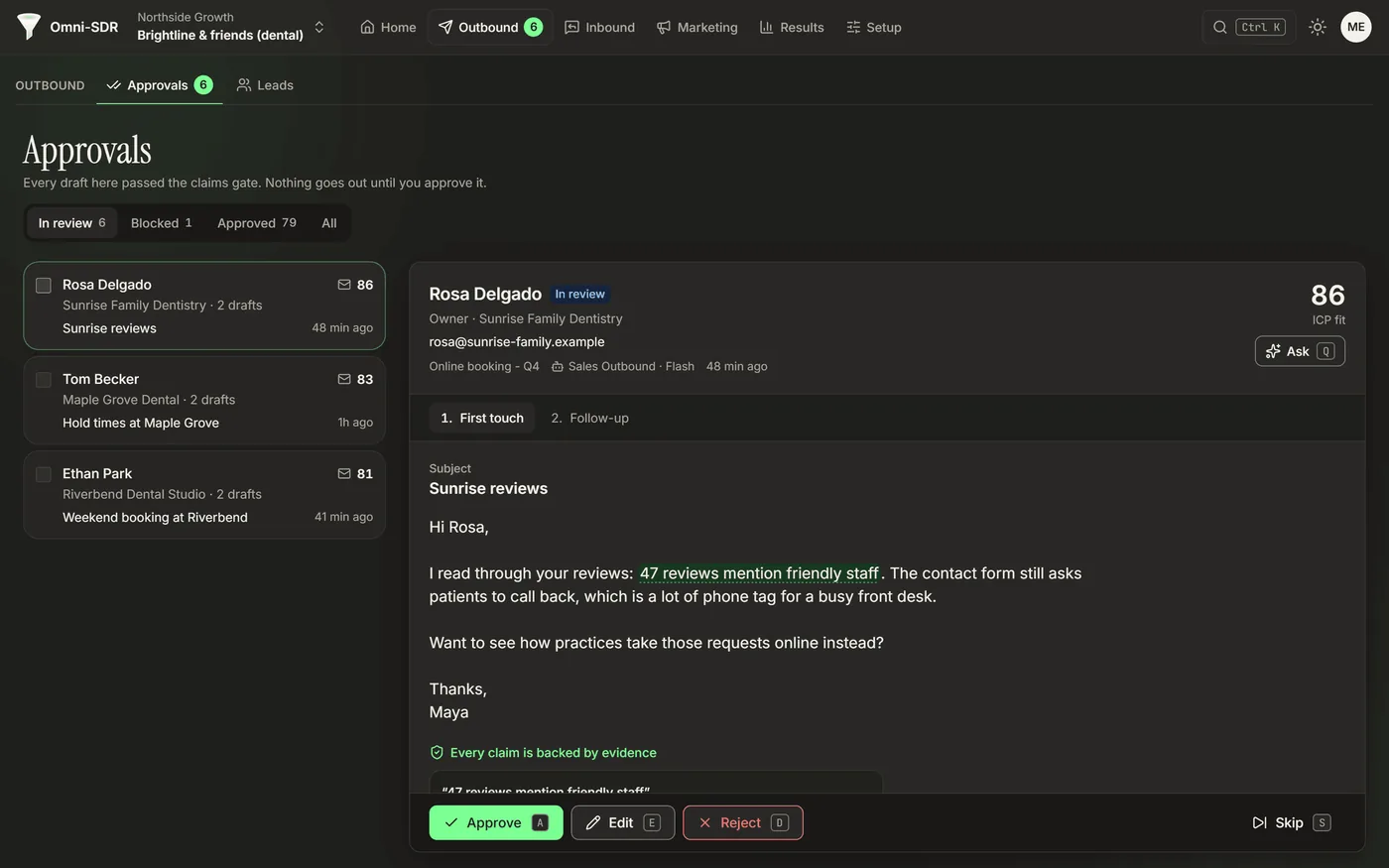 Approval queue where outreach waits for a person to approve it before sending