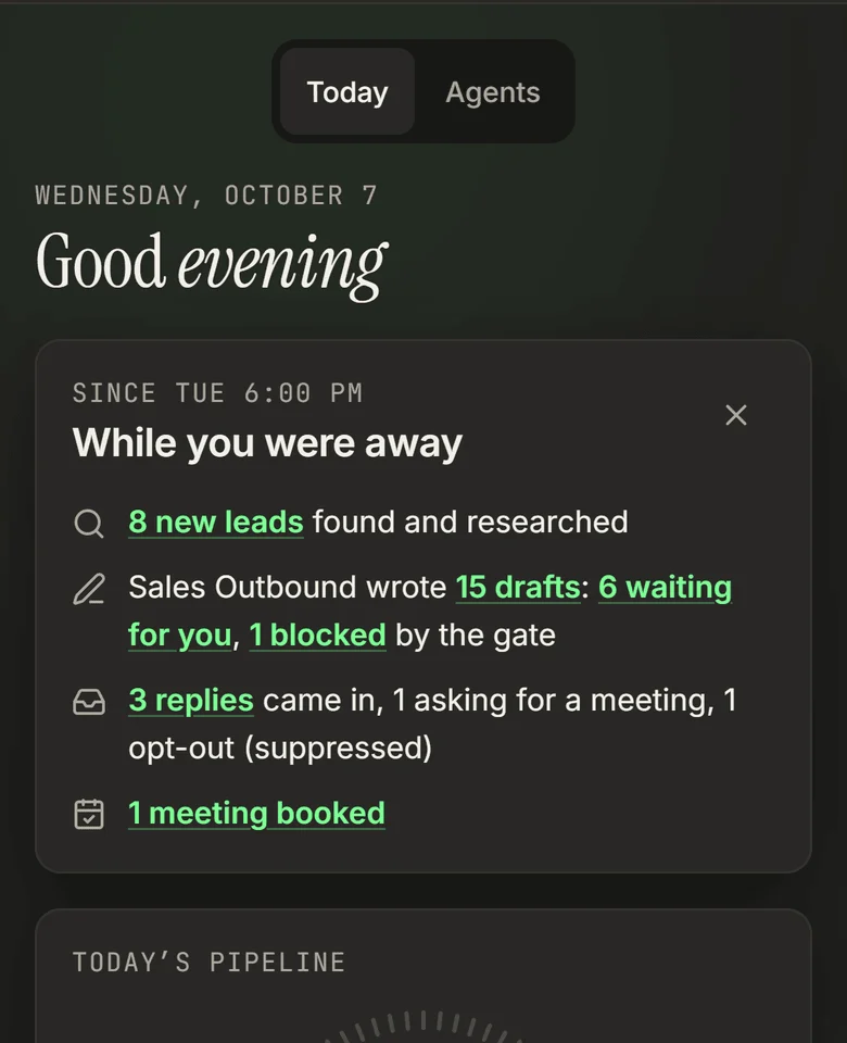 The phone view of an outreach system we built: a While you were away summary showing new leads found, drafts waiting for approval, replies and a meeting booked
